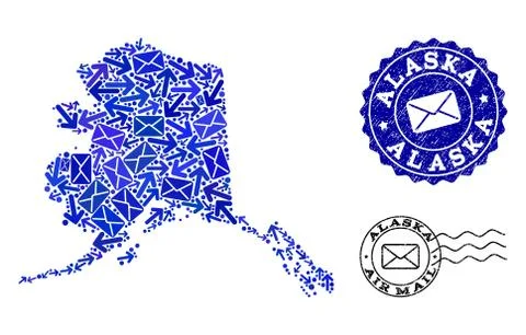 Post Routes Composition of Mosaic Map of Alaska State and Scratched Seals 스톡 일러스트