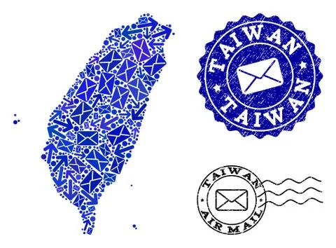 Post Routes Composition of Mosaic Map of Taiwan and Textured Seals Stock Illustration