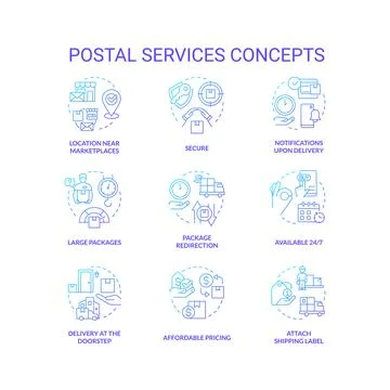 Post service advantages blue gradient concept icons set Illustration