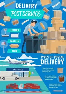 Post service delivery poster with postman and mail Illustration