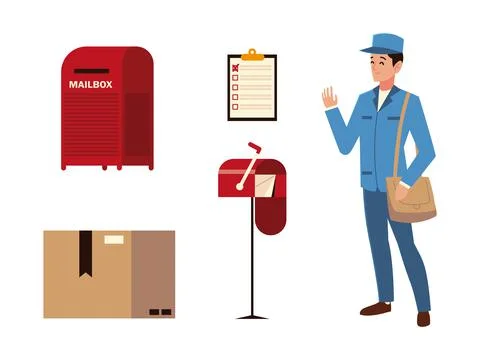Post service postman mailbox clipboard and cardboard box icons イラスト素材