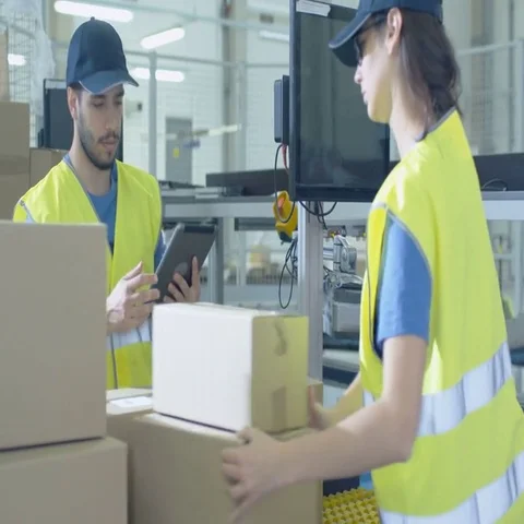 Post Sorting Center Worker Puts Cardboard Boxes on Belt Conveyor while Another W Stock Footage 69551631