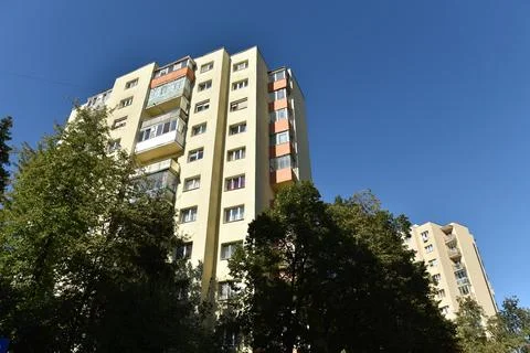 Post Soviet flat of blocks built in the Communist era, concrete apartment b.. Stock Photos