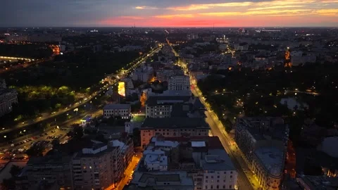 Post-sunset aerial view of central Bucharest city skyline, Romania Video stock 347451770
