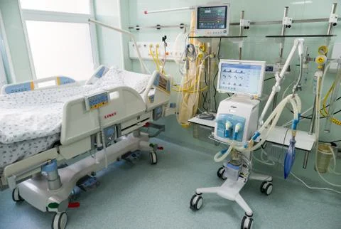 Post surgery clinic for patients, with medical beds, respiratory support syst Stock Photos