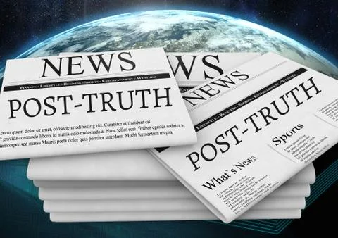 Post-truth text on newspapers stacked over planet earth world Stock Illustration
