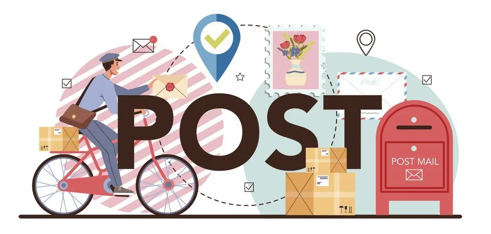 Post typographic header. Post office staff providing mail service, Illustration