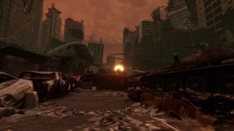 Post War City Ruins with Burnt Cars and Tank at Sunset Stock Footage 337813755