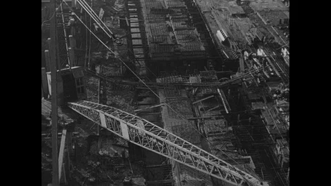 Post War Civil Engineering, advancing power plant construction, UK 1950s Stock Footage 143964385