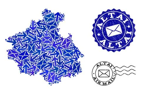 Post Ways Collage of Mosaic Map of Altai Republic and Distress Stamps 스톡 일러스트