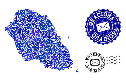 Post Ways Collage of Mosaic Map of Graciosa Island and Scratched Stamps 스톡 일러스트