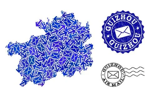 Post Ways Collage of Mosaic Map of Guizhou Province and Grunge Stamps 스톡 일러스트