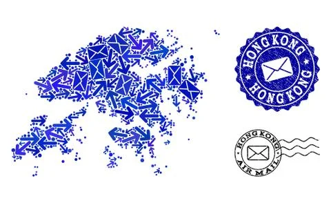 Post Ways Collage of Mosaic Map of Hong Kong and Grunge Seals 스톡 일러스트