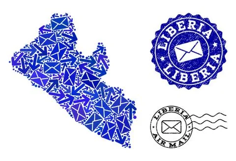 Post Ways Collage of Mosaic Map of Liberia and Scratched Seals Stock Illustration