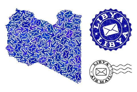 Post Ways Collage of Mosaic Map of Libya and Grunge Stamps 스톡 일러스트