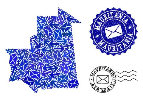 Post Ways Collage of Mosaic Map of Mauritania and Textured Seals Stock Illustration