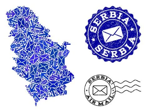 Post Ways Collage of Mosaic Map of Serbia and Textured Stamps Illustrazione stock