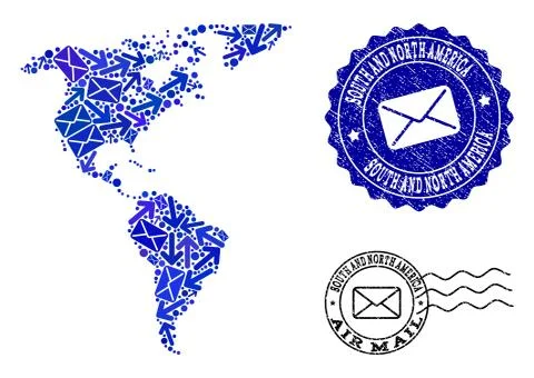 Post Ways Collage of Mosaic Map of South and North America and Distress Stamps Illustrazione stock