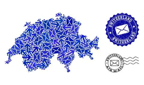 Post Ways Collage of Mosaic Map of Switzerland and Scratched Seals 스톡 일러스트