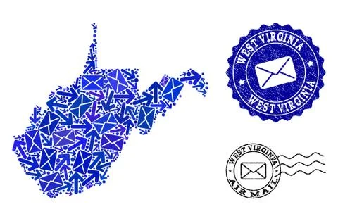 Post Ways Collage of Mosaic Map of West Virginia State and Textured Stamps Illustrazione stock