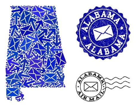Post Ways Composition of Mosaic Map of Alabama State and Distress Stamps 스톡 일러스트