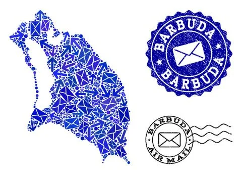Post Ways Composition of Mosaic Map of Barbuda Island and Distress Stamps 스톡 일러스트