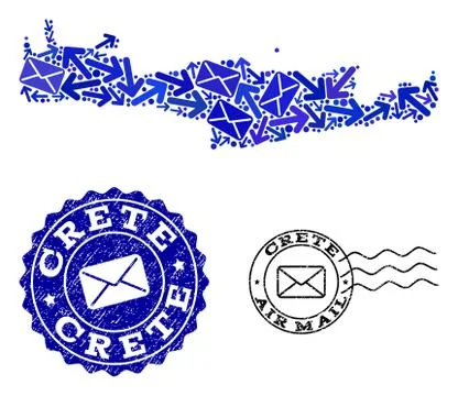 Post Ways Composition of Mosaic Map of Crete Island and Distress Seals 스톡 일러스트