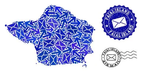 Post Ways Composition of Mosaic Map of Faial Island and Grunge Seals 스톡 일러스트