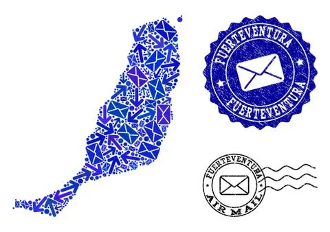 Post Ways Composition of Mosaic Map of Fuerteventura Island and Grunge Seals Illustrazione stock
