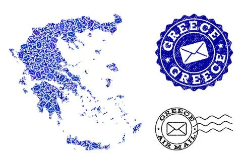 Post Ways Composition of Mosaic Map of Greece and Distress Seals 스톡 일러스트