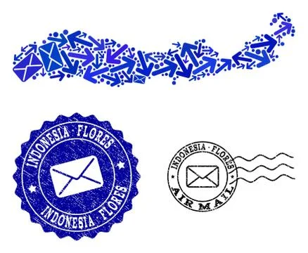 Post Ways Composition of Mosaic Map of Indonesia - Flores Island and Scratched 스톡 일러스트
