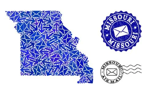 Post Ways Composition of Mosaic Map of Missouri State and Distress Stamps Illustrazione stock
