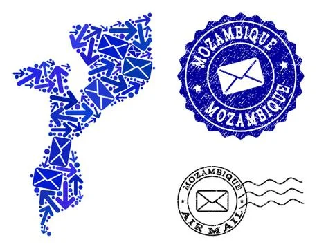 Post Ways Composition of Mosaic Map of Mozambique and Distress Seals 스톡 일러스트