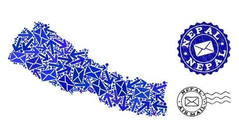Post Ways Composition of Mosaic Map of Nepal and Distress Stamps 스톡 일러스트