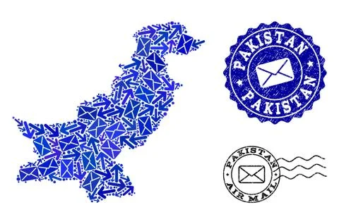 Post Ways Composition of Mosaic Map of Pakistan and Distress Seals 스톡 일러스트