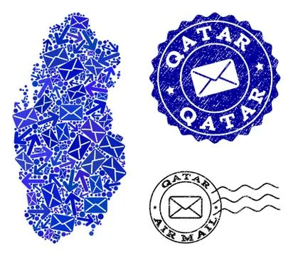 Post Ways Composition of Mosaic Map of Qatar and Distress Seals 스톡 일러스트