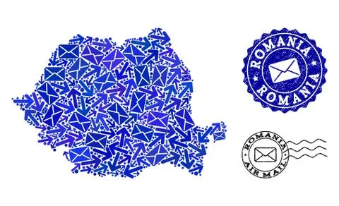 Post Ways Composition of Mosaic Map of Romania and Textured Stamps Illustrazione stock