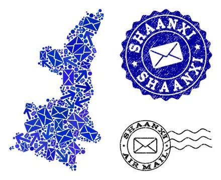 Post Ways Composition of Mosaic Map of Shaanxi Province and Textured Seals 스톡 일러스트