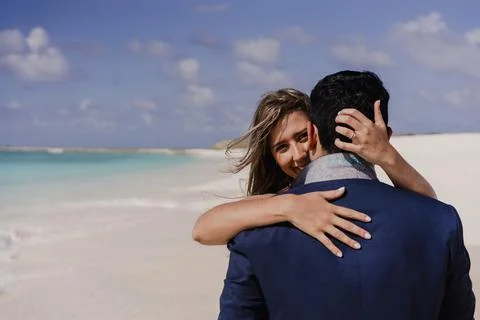 Post-wedding session of a newly married couple in the Caribbean Sea Stock Photos