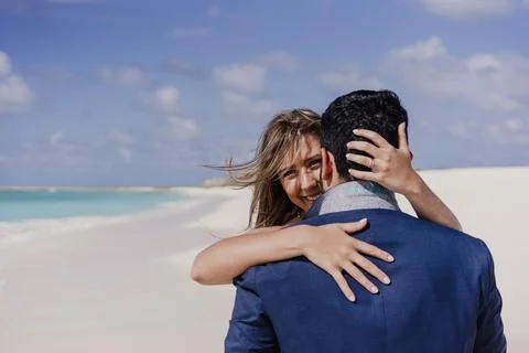 Post-wedding session of a newly married couple in the Caribbean Sea Stock Photos