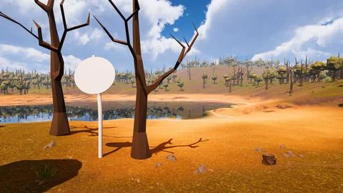 A post with a white round panel in a natural setting between desert and for.. 库存插图