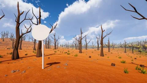 A post with a white round panel in a natural setting between desert and for.. 库存插图