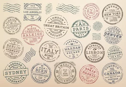 Postage and postal envelope or passport stamps Stock Illustration