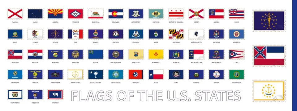 Postage Flag Set, US State Flags. Stock Illustration