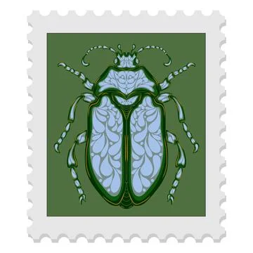 Postage stamp with a beetle. Vector isolated element. Spring motifs Stock Illustration