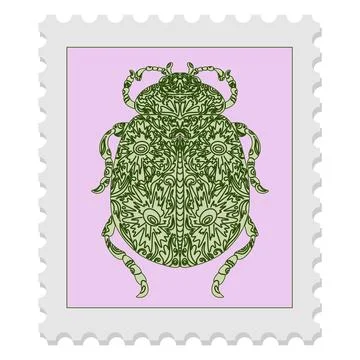 Postage stamp with a beetle. Vector isolated element. Spring motifs 스톡 일러스트
