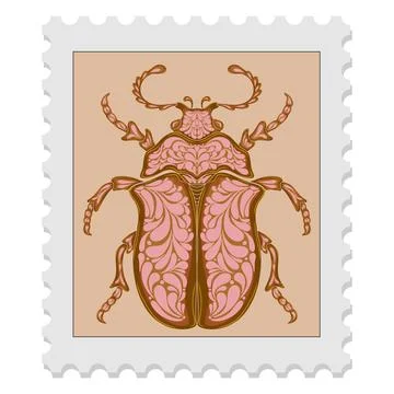 Postage stamp with a beetle. Vector isolated element. Spring motifs Stock Illustration