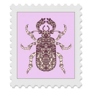 Postage stamp with a beetle. Vector isolated element. Spring motifs Stock Illustration