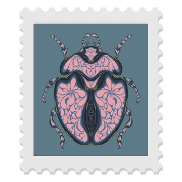 Postage stamp with a beetle. Vector isolated element. Spring motifs Stock Illustration