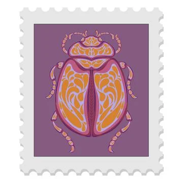 Postage stamp with a beetle. Vector isolated element. Spring motifs Stock Illustration